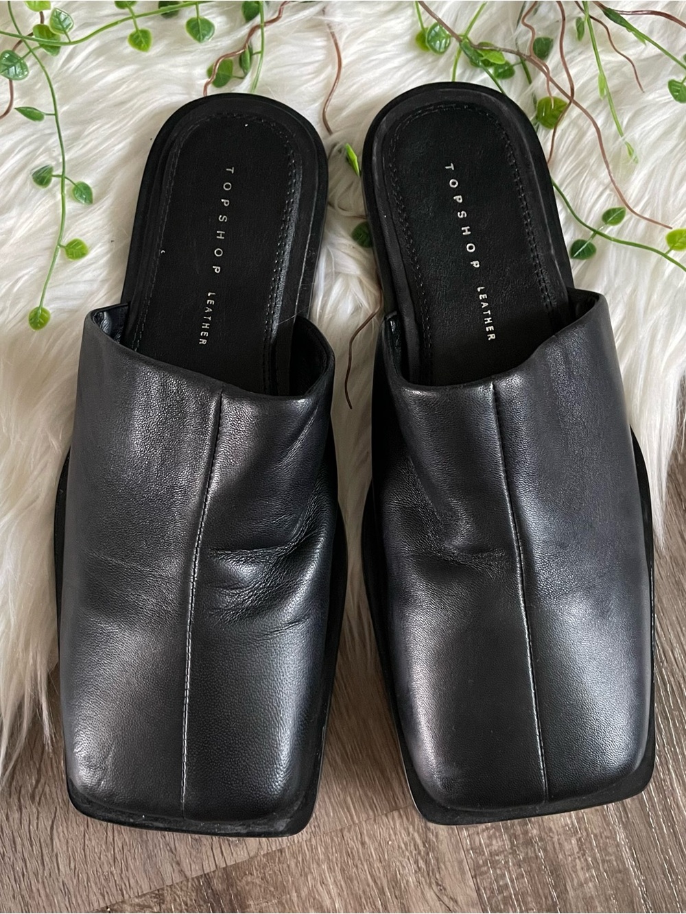 Topshop Cici Black Leather Square Toe Flat Mules Women Size 8 - Picture 5 of 13